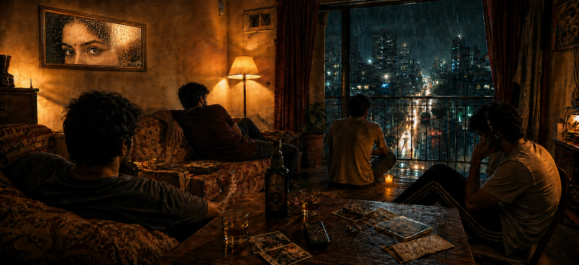 Friends gathered around a warmly lit low table, with a glowing framed photograph of expressive eyes, a candle on the floor to the right of the balcony-side friend, and an open rainy balcony beyond